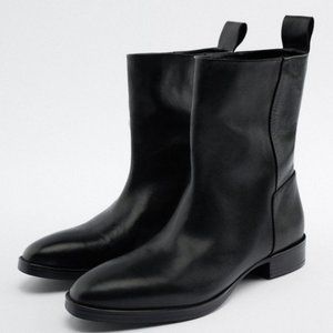ZARA 100% LEATHER BLACK FLAT ANKLE BOOTS